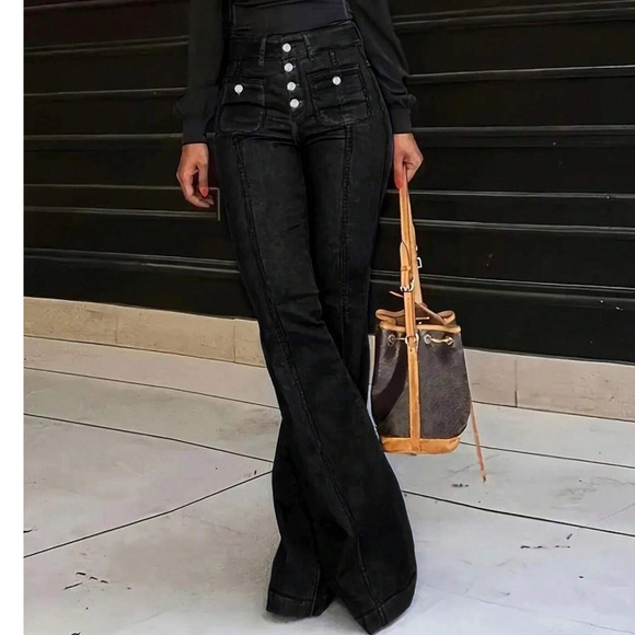 Black High waisted Button Fly Flared Leg Denim Jeans Pants - Picture 10 of 11